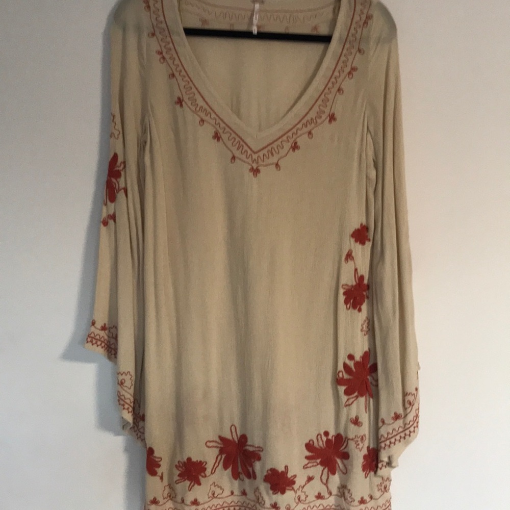 Free People Cream Tunic with Red Floral Embroidery